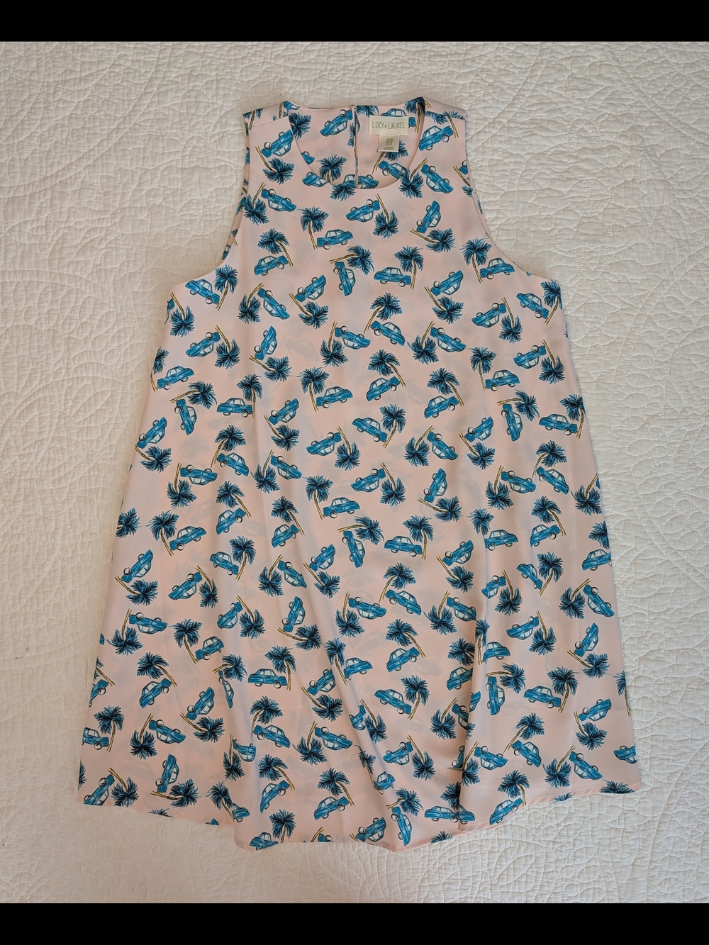 Lucy & Laurel Pink Mini Dress with Blue Palm & Car Print